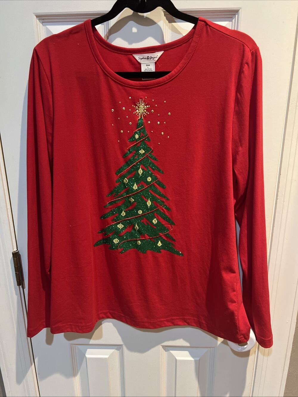 Sophia Jane Quacker Factory Women's Top Sz LARGE Christmas Tree Long-Sleeve Red